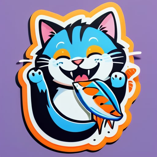 cat eating fish while smile sticker