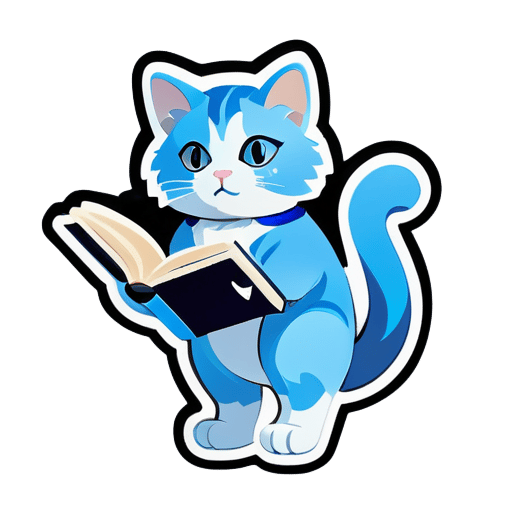 Full body cat-Gemini is depicted in blue tones, with fur resembling clouds. It stands on its hind legs and holds a book in its paws, symbolizing its intelligence. sticker