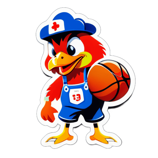 Uma galinha usando calças de suspensório está jogando basquete sticker
