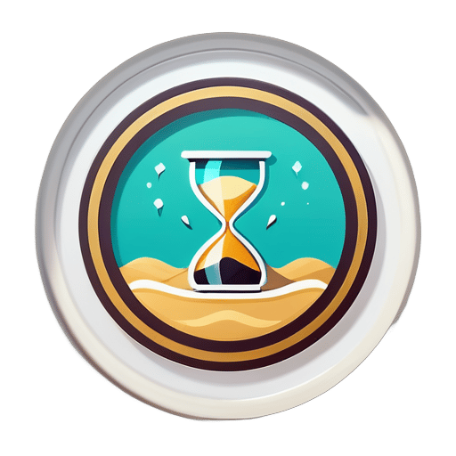 Un icono circular con una representación simplificada de un reloj de arena en su interior, con los granos de arena fluyendo hacia una forma de flecha, simbolizando el rápido paso del tiempo y la eficiencia. sticker