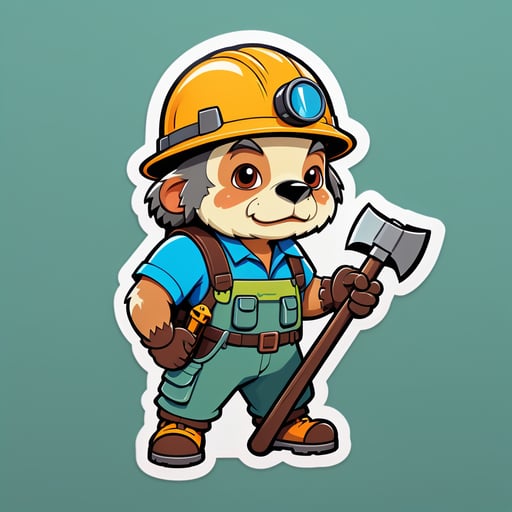 Uma toupeira com um capacete de mineiro em sua mão esquerda e um pico em sua mão direita sticker