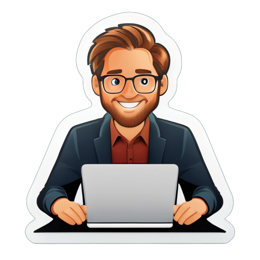 Create a sticker of owen cramer working at a desk answering emails
 sticker