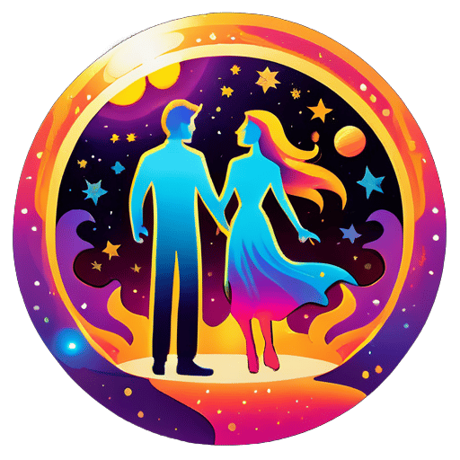 In the cosmic background, there are two suns and several stars, with a person standing on each sun, facing each other. Each person is surrounded by colorful flames, one man and one woman. sticker