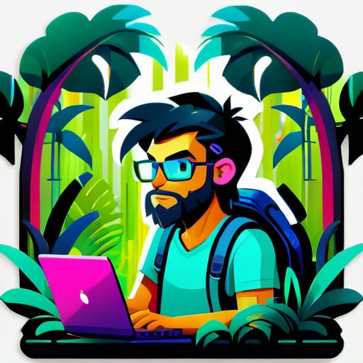 En el corazón de una exuberante jungla, un programador salvaje codifica intensamente en una computadora portátil, encarnando una fusión única entre la belleza indómita de la naturaleza y el mundo digital sticker