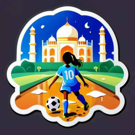 一个女孩在踢足球时摔倒在一个泥坑里，背景是泰姬陵 sticker