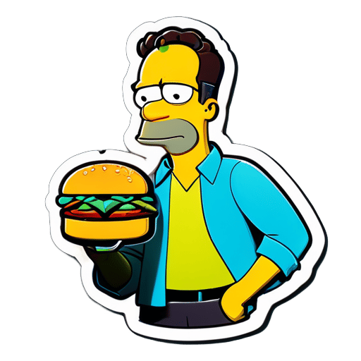 Frank Grimes (Les Simpson) version mince, avec un look sexy et charmant, tenant un burger sticker