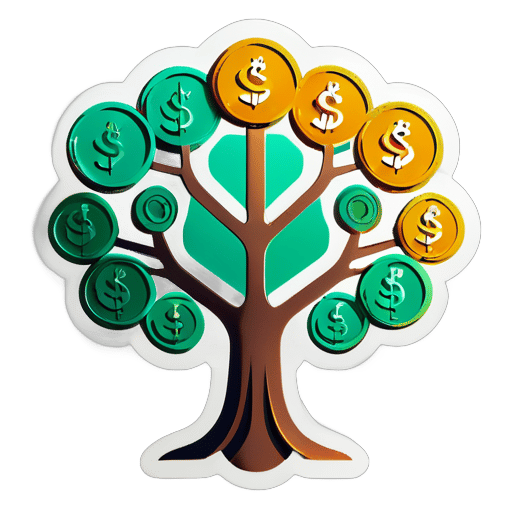 一個由錢幣形狀組成的樹形結構，表示通過省錢可以實現長期增長和積累。 sticker
