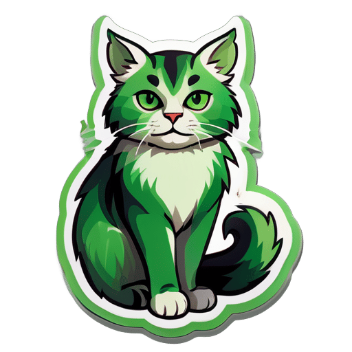 전신 고양이-황소는 초록색 톤으로 묘사되었으며, 풀과 닮은 털을 가지고 있습니다. 매우 차분하고 평온해 보입니다 sticker