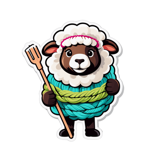 Uma ovelha com um novelo de lã na mão esquerda e agulhas de tricô na mão direita sticker