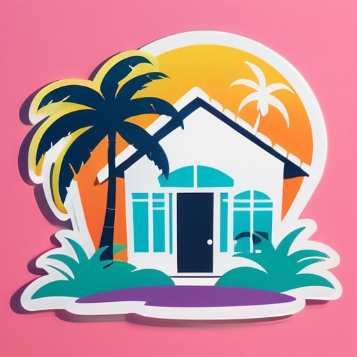 Casa con palmera en primer plano sticker