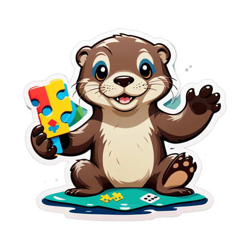 Uma lontra com uma peça de quebra-cabeça em sua mão esquerda e um tabuleiro de jogo em sua mão direita sticker