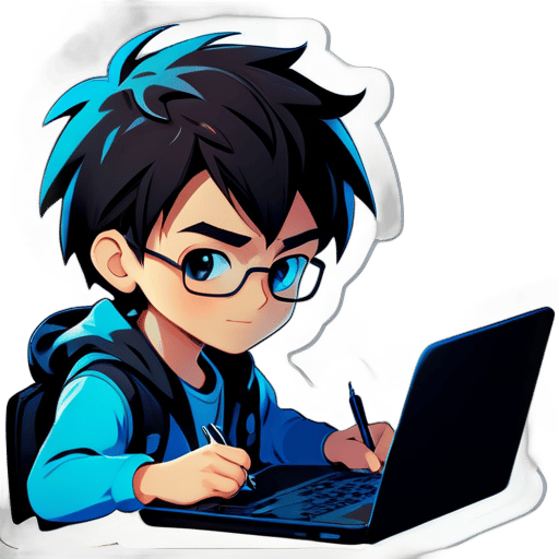a boy writing a code in front of laptop sticker