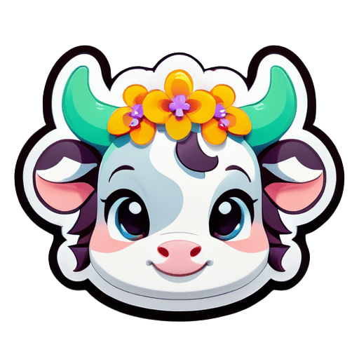 Un mignon avatar de veau dessin animé portant une guirlande de fleurs sur la tête. sticker