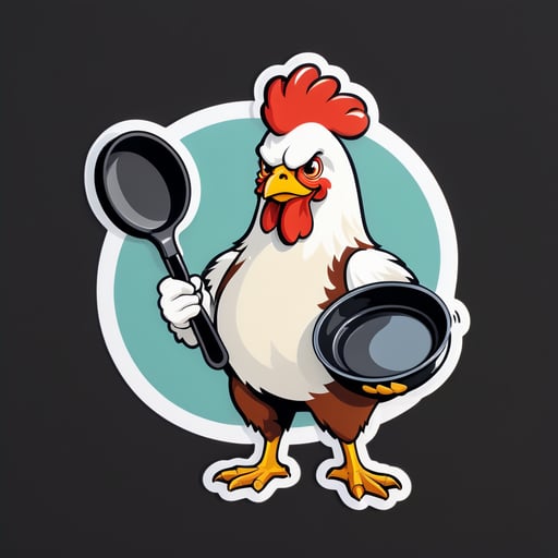 A chicken with an egg in its left hand and a frying pan in its right hand sticker