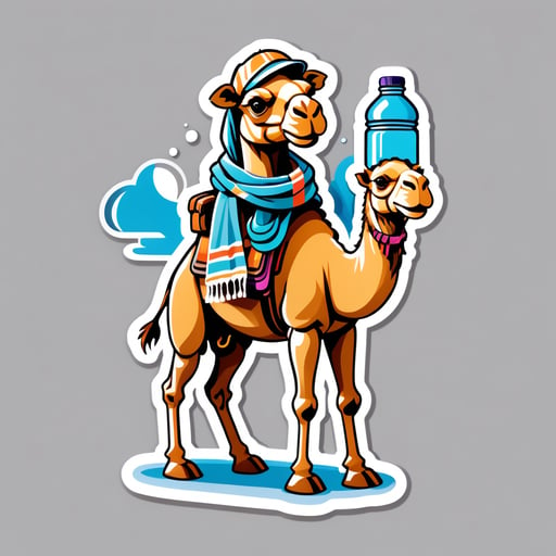 Un chameau avec une bouteille d'eau dans sa main gauche et une écharpe de désert dans sa main droite sticker