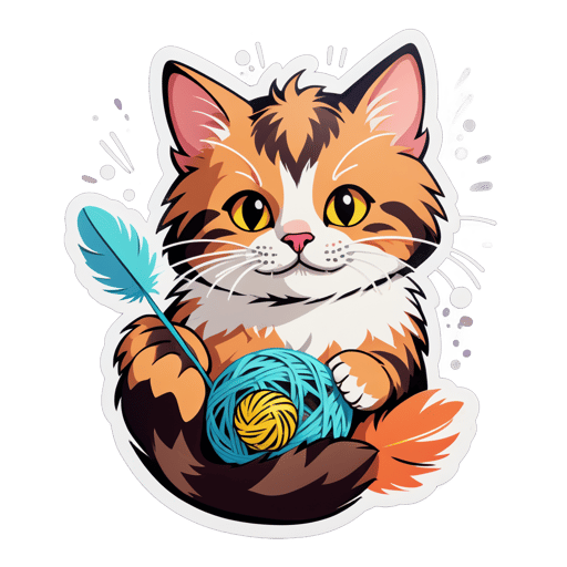 Un gato con una pluma en su mano izquierda y una bola de estambre en su mano derecha sticker