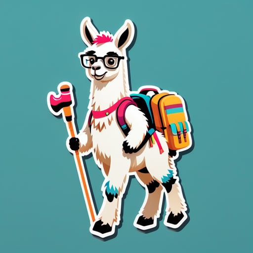 A llama with a backpack in its left hand and a walking stick in its right hand sticker