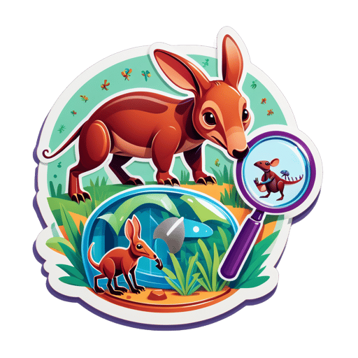 An aardvark with an ant farm in its left hand and a magnifying glass in its right hand sticker