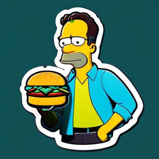Thin Frank Grimes (The Simpsons) with a sexy and charming look, holding a burger sticker