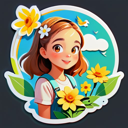 一個年輕女孩在夏天手持一朵花，天氣晴朗，一些鳥在天空飛翔，一些鳥停在樹上。 sticker