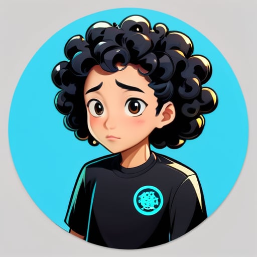 Hair: Black and shiny wool curls, not very curly and slightly longer but not past the neck. Ethnicity: Asian, leaning towards East Asian, fair skin. Expression: Contemplating a tricky bug. Occupation: A skilled modern programmer. Gender: Male. Background: Circular, inside a server room. sticker