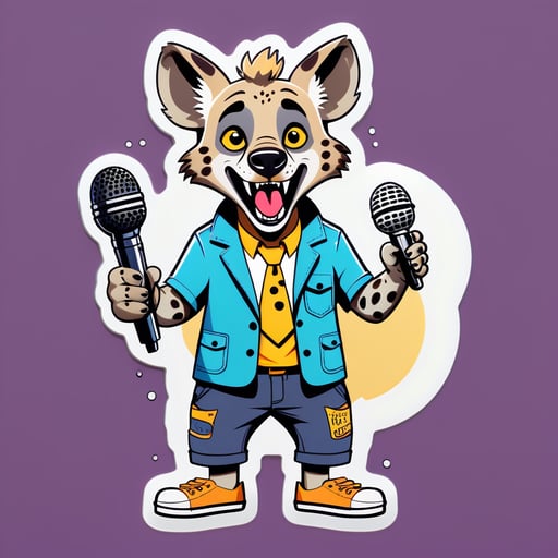 A hyena with a microphone in its left hand and a stand-up comedy script in its right hand sticker