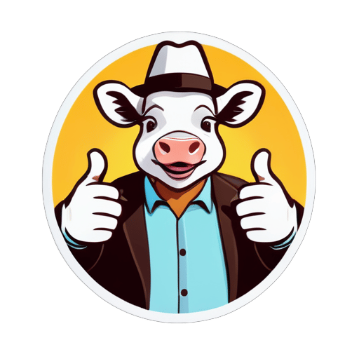 Cattle, in the image of a human, with a thumbs-up gesture sticker
