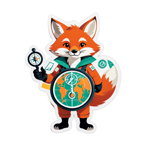 Uma raposa com um mapa em sua mão esquerda e uma bússola em sua mão direita sticker