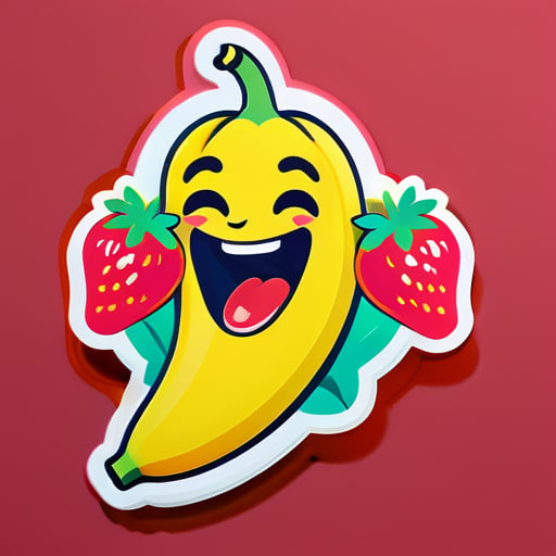 동시에 웃는 바나나를 그리고 있는 동안 바나나가 딸기를 먹는 모습을 그려주세요 sticker