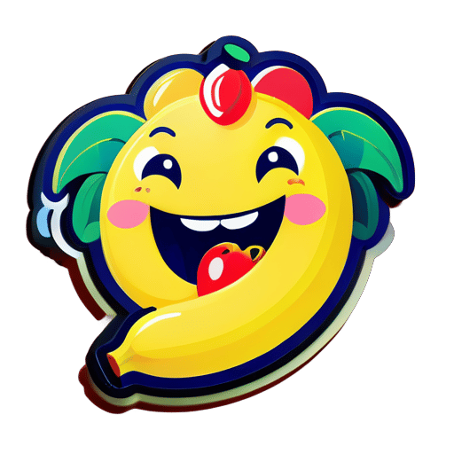 バナナが笑いながら同時にイチゴを食べる様子を描く sticker