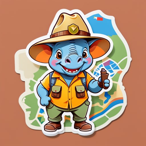 Một con tê giác đang đội mũ lưới săn trên tay trái và cầm một bản đồ trên tay phải sticker