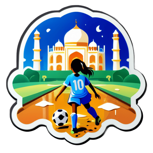 Une fille est tombée dans une flaque de boue en jouant au soccer, avec en arrière-plan le Taj Mahal sticker