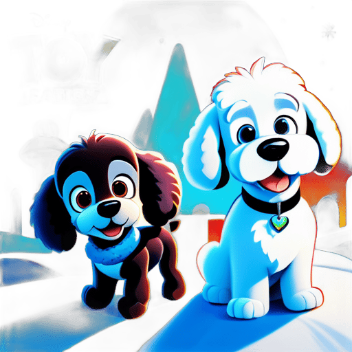 A Disney Pixar inspired movie poster with the title"Snowy", in the image a white chenille that looks like a puppy from the Adventures of Tintin. One small grey poodle and the other is a small black poodle.The background of the image is toy story themed. The scene should be a distinct, digital art style of Disney Pixar, with a focus on the character expressions, vibrant colors, and the Disney chara sticker