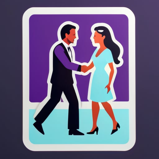 In a hotel room, a man pushes a woman towards another man sticker