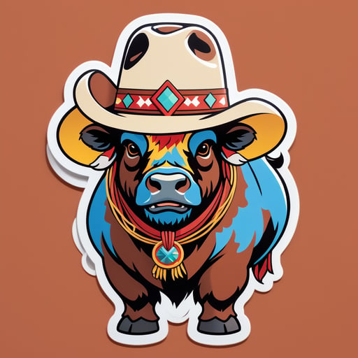 Un búfalo con un sombrero del Oeste en su mano izquierda y un lazo en su mano derecha sticker