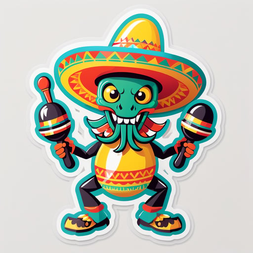 一隻蠍子左手拿著一對沙鈴，右手拿著一頂墨西哥草帽 sticker
