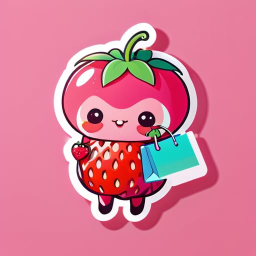 可爱的粉色草莓拿着购物袋 sticker