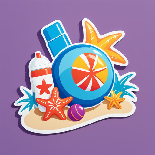 Una estrella de mar con una pelota de playa en su mano izquierda y una botella de protector solar en su mano derecha sticker