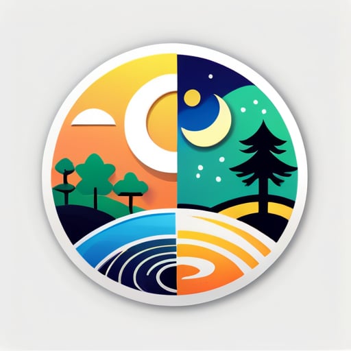 Generieren Sie ein Logo-Bild, das aus dem Yin-Yang-Bagua besteht und die Elemente Sonne, Mond, Bäume, Wolkenkratzer und Seen enthält, in einem sehr klaren und einfachen Stil. sticker