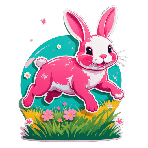 Conejo rosa saltando en un prado sticker