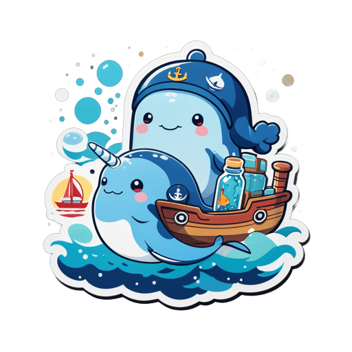 A narwhal with a sailor cap in its left hand and a ship-in-a-bottle in its right hand sticker