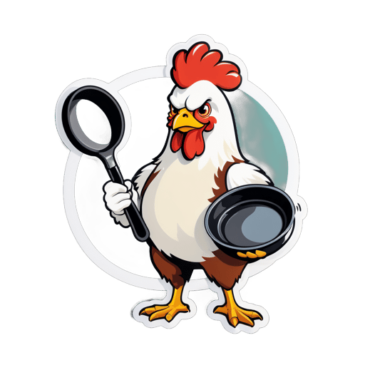 Uma galinha com um ovo na mão esquerda e uma frigideira na mão direita sticker