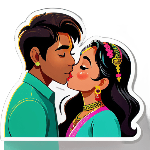 緬甸女孩名叫Thinzar，愛上了一個名叫王子的印度男孩，他們正在親吻 sticker