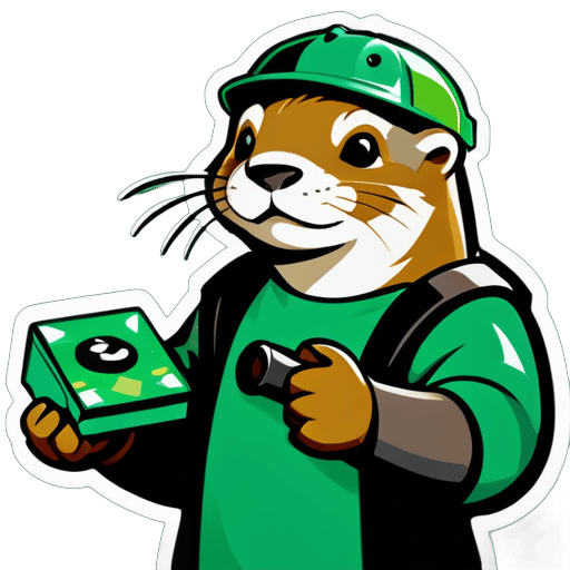 Otter with board game in one hand and tor hammer in the other. All that in the green gear sticker