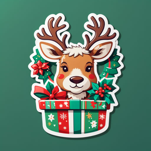 Un reno con una corona navideña en su mano izquierda y una caja de regalo en su mano derecha sticker