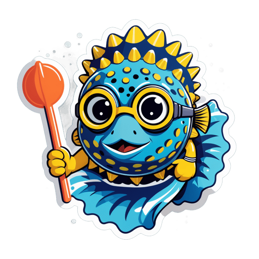 Un pez globo con una máscara de snorkel en su mano izquierda y una toalla de playa en su mano derecha sticker