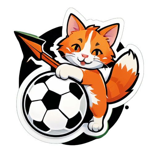 The orange cat is lying on the football, carrying a bow and arrow sticker