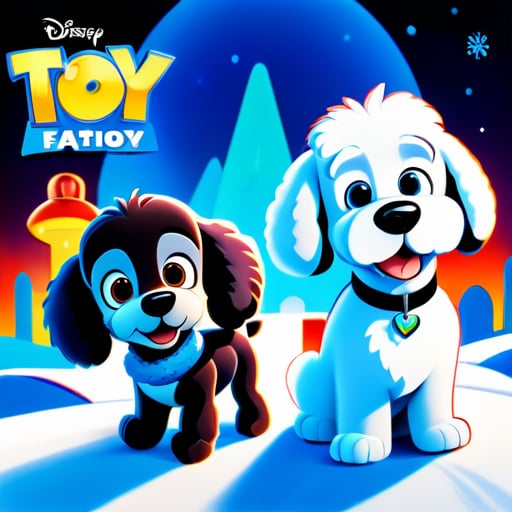 A Disney Pixar inspired movie poster with the title"Snowy", in the image a white chenille that looks like a puppy from the Adventures of Tintin. One small grey poodle and the other is a small black poodle.The background of the image is toy story themed. The scene should be a distinct, digital art style of Disney Pixar, with a focus on the character expressions, vibrant colors, and the Disney chara sticker