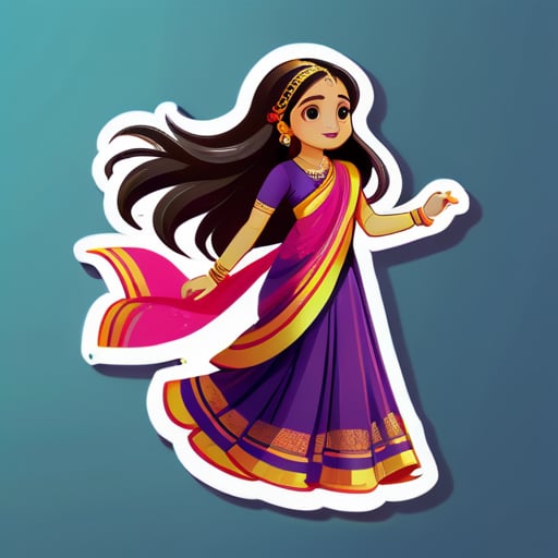 una chica delgada vistiendo un sari y con el pelo largo caminando en un adhesivo de escenario sticker