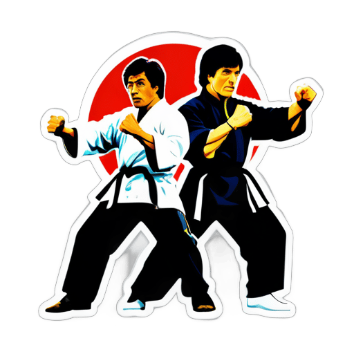 Le super star des arts martiaux Jackie Chan est en train de se battre avec Hung Kam Bo. sticker
